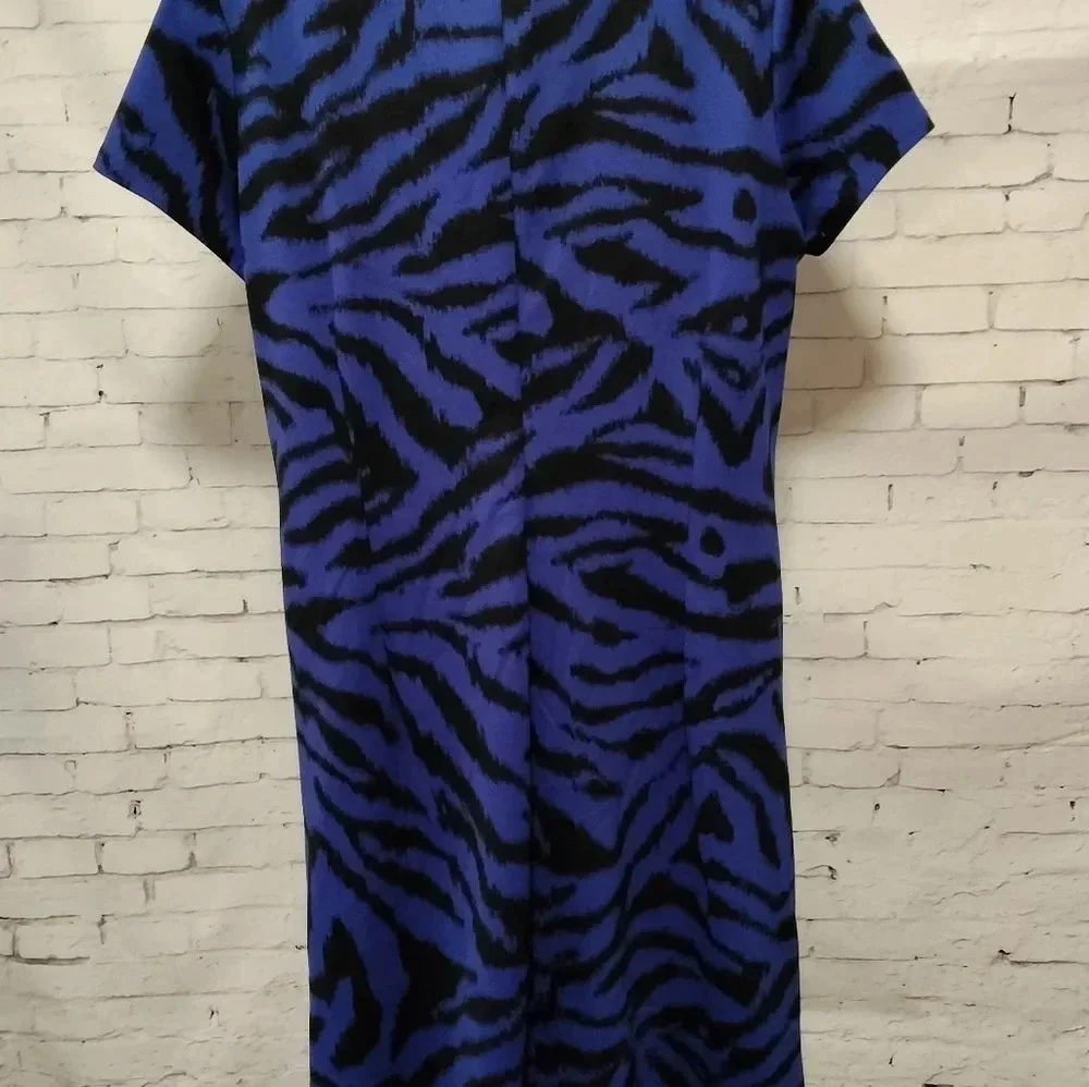 Michael Kors Black/Blue Striped Animal Print Sheath Retro Dress Size 10 C0123
